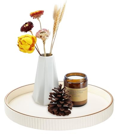 Serviertablett - Ø 30x3cm Leder Rund Deko Tablett, Groß Deko Tablett, Teelichthalter Nachttisch Ablageschale, für Küche, Wohnzimmer, Schlafzimmer - Milchig Weiß