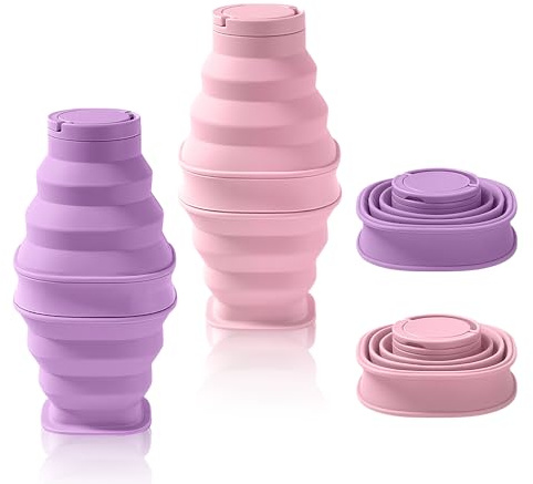 yotutun 2 Botella de agua plegable de silicona de 600 ml, Botella de agua portátil plegable, Botella deportiva de silicona a prueba de fugas para deportes al aire libre (Rosa + Morado)