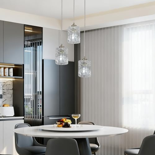 3-Ring Modern Crystal Ring Pendant Chandelier Adjustable Cool White | Modern crystal 3-ring adjustable hanging cable pendant chandelier for kitchen island, living room and staircase 6500K