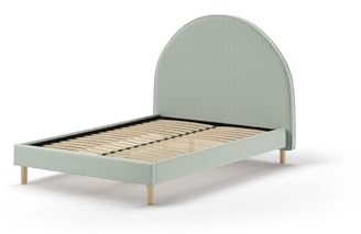 FURNLUX Polsterbett 140x200 cm, Grün, Bouclé-Stoff, Abgerundetes Kopfteil, Holzgestell, 147x212x132 cm