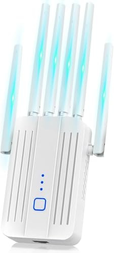 Repeteur WiFi Puissant, Amplificateur WiFi, Répéteur WiFi avec 6 Antennes, Modes Répéteur/AP, Couverture jusqu'à 3200 pi², Couverture Complète à 360°, pour la Maison et Le Bureau