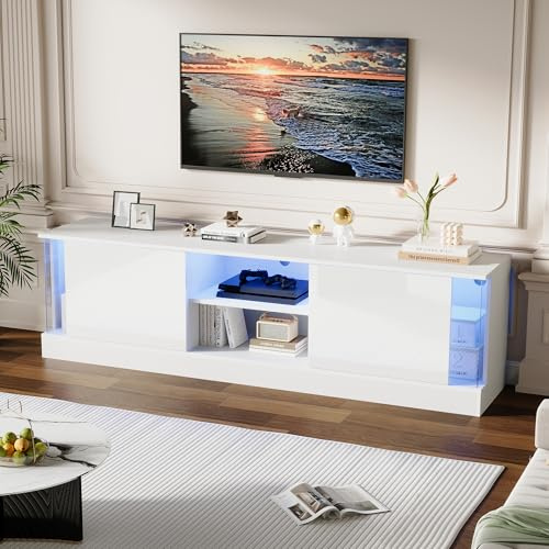 Merax TV-Schrank Weiß Hochglanz, Moderner TV Lowboard mit LED, Fernsehschrank mit Zwei Klapptüren, Offene Staufächer, TV-ständer für Fernseher bis zu 70 Zoll, TV Bank TV-Kommode für Wohnzimmer, 176cm