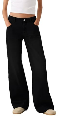 Dam jeans breda ben långa, låga palazzobyxor avslappnade långa damer säckiga jeansknapp med dragkedja flugstängning denimbyxor klassiska enfärgade denimbyxor med fickor, Svart, S