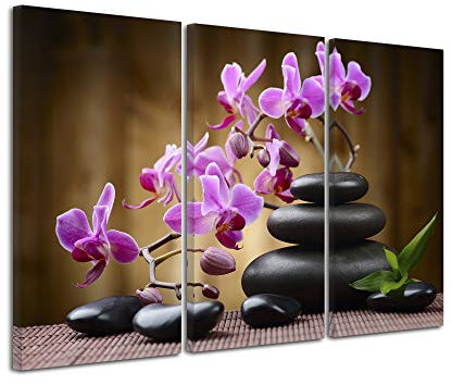 DECLINA Tableau Orchidées et Galets - Impression sur Toile décoration Murale Zen - Déco Maison, Cuisine, Salon, Chambre Adulte - Marron 90x60 cm