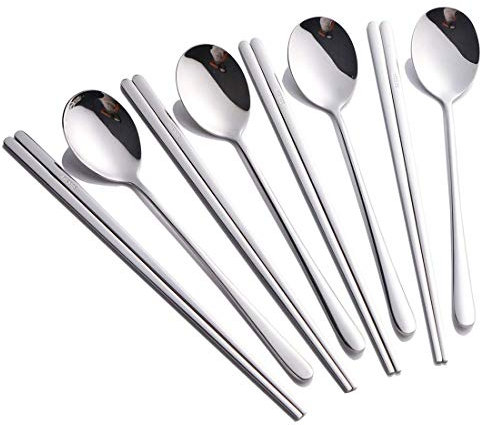 Buyer Star 4-teiliges Set Löffel und Essstäbchen, Tafelservice aus 18/10 Edelstahl, koreanische Essstäbchen, Löffel-Set (8 Stück, Silber)