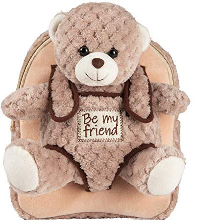 PERLETTI Kuscheltier Teddybär Rucksack für Kinder mit Plüschtier Bär - Pluschspielzeug Weich Flauschig und Kindergarten Schultasche mit Tasche - 3 4 5 Jahren Baby Kindertasche 27x21x9 cm (Braunbär)