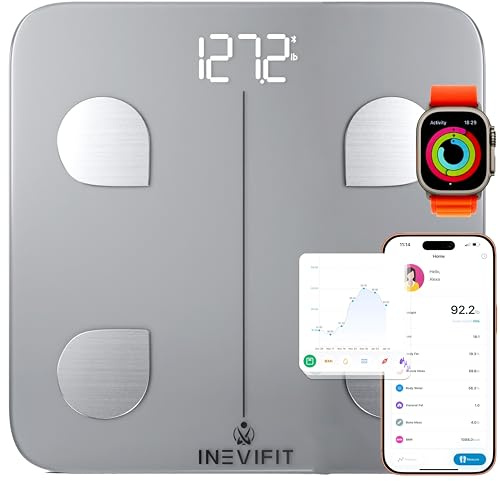 INEVIFIT Smart Body Fat Scale, Highly Accurate Bluetooth Digital Bathroom Body Composition Analyzer, Measures Weight, Body Fat, Water, Muscle, Visceral Fat & Bone Mass for Unlimited Users (Silver)