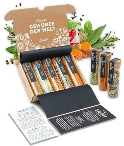 TIMBER TASTE® Gewürze Geschenkset Frauen - 5 exotische Gewürzmischungen aus aller Welt | Gewürzbox | Gewürzset Geschenk | Feinkost Idee | Besondere Spezialitäten Geschenk Küche zum Geburtstag