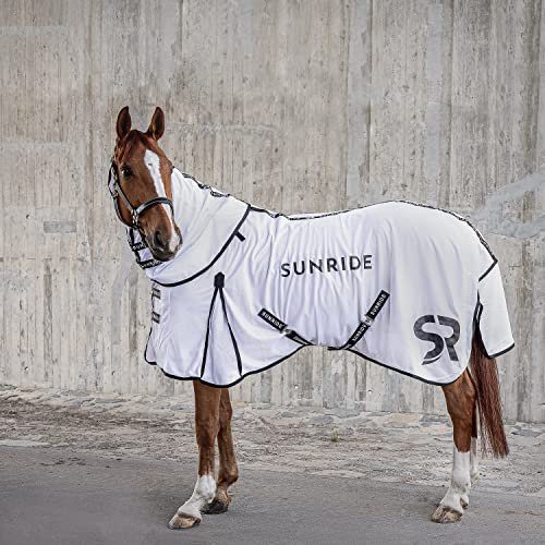 SUNRIDE Fliegendecke für Pferde (Miami) - mit abnehmbarem Halsteil - Klassische Gehfalte - mit UV-Schutz - atmungsaktiv - verstellbare Bauchgurte und Beingurte - weiß (155 cm)