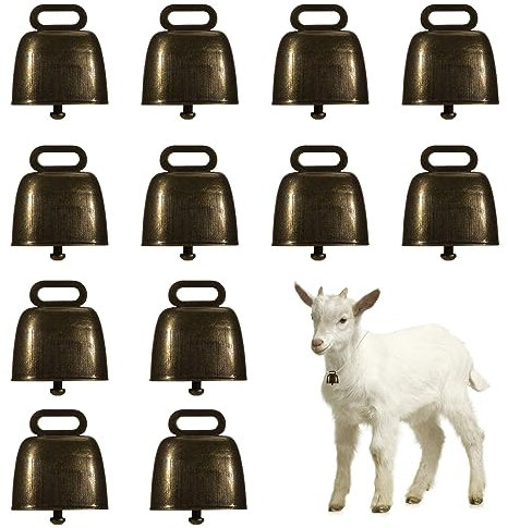 Heveer Mini Kuhglocke 12 Stück Vintage Eisenglocke Ziegenglocke Metall Haustier Glocken Haustier Halsband Bauernhof Tierglocke für Rinder Kuh Pferd Schafe Gelbbronze