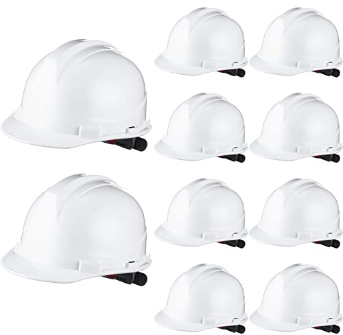 Leumoi 10 Pcs Suspension Hard Hat, Construction Hard Hat for Safety, Ratchet Cap Style with Self Adjusting Crown Straps for Man Woman (White)