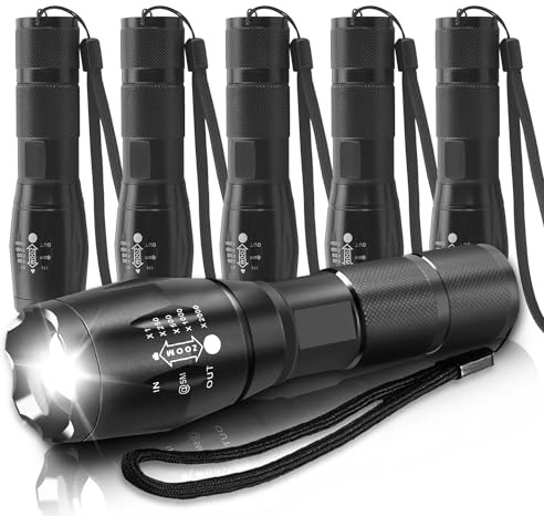POCKETMAN Lampe de poche LED, lampe de poche tactique super claire, zoom focus, 5 modes d'éclairage, convient pour le camping, la randonnée, la course de nuit et autres situations diverses (6 paquets)