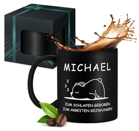 Maverton schwarzer Keramikbecher 330ml mit Gravur, Kaffeetasse mit Henkel | personalisierter Keramikbecher für Männer zum Geburtstag zu Weihnachten, matt schwarz, Innen schwarz, Schlaf