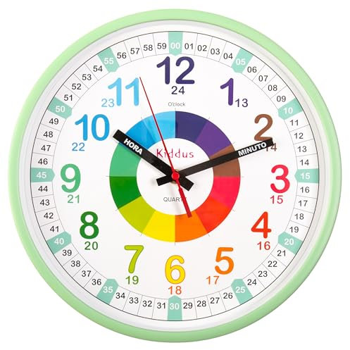 Kiddus Reloj Pedagógico para Niñas y Niños. De Pared, Grande 30 cm. Analógico. Mecanismo Silencioso. Aprende la Hora. Sistema Time Teacher. Ejercicios Incluídos. Modelo: XL Mint ES