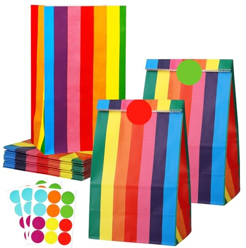 30 Stück Geschenktüten Kindergeburtstag Kleine Papiertüten Bunte mit 36 Stickern,Regenbogen Krafttaschen Tüten 24x13x8cm,Party Taschen Hochzeiten, Geburtstag,Verpackungen,DIY,Weihnachten,Süßigkeiten