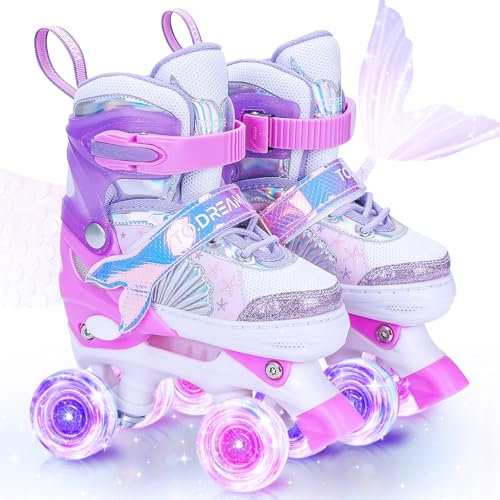 Rollschuhe Kinder Verstellbar Mädchen Rollerskates, 4 Größen verstellbar Mit Led Leuchtenden Rädern,Quad Roller Skates für Weihnachts und Geburtstags Geschenke (Quad Roller Skates, S)