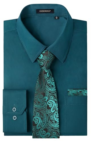 HISDERN Chemise Hommes Sarcelle Manches Longues Chemise Habillée et Cravate sans Repassage Affaires Casual Mariage Slim Fit 3XL