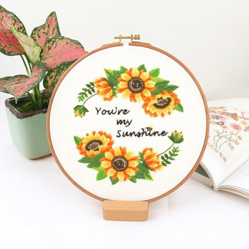 N.LANSHAN Stickset Für Anfänger Sonnenblumen-Stickset，Cartoon-Blumen-Stickerei-Starter-Kit，Inklusive Stickrahmen，Farbfäden Und Stickerei Mit Muster Und Anleitung 30x30cm