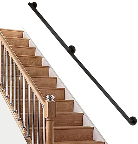 SXBHDM Corrimano in Ferro battuto Nero per Scale Interne, corrimano per Scale, Montaggio a Parete, 1 m, 150 cm, 2 m, 250 cm, 3 m, 4 m, 5 m, 6 m, Kit di Supporto, Nero(210cm)