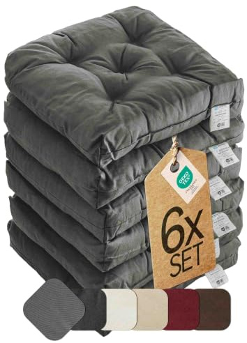 etérea Sitzkissen 42x42 cm 6er Set - Grau 8 cm hoch - Bodenkissen für Indoor, Outdoor, Küche, Garten, Auflage - Heidi Stuhlauflage - 6 Stück Stuhlkissen 40x40 cm Grau