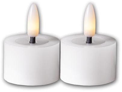 Star Trading 060-01 LED-Echtwachs-Kerze Flamme Flow, 2er Set weiß, Wachsspiegeloptik, je 4 x 5 cm, naturgetreue Flamme, inkl. Batterie, Timer, Vierfarb-Karton