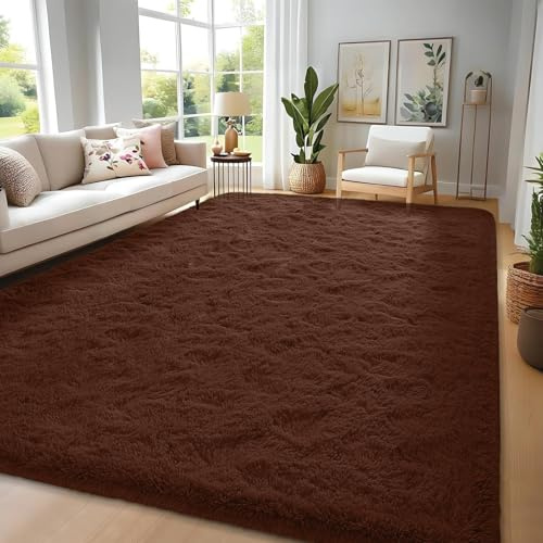 FVVRAX Flauschiger Hochflor Teppich 150x240 cm Braun | Extra weicher Shaggy Teppich rutschfest für Wohnzimmer Schlafzimmer | Kuscheliger Bodenteppich für Kinder Haustiere