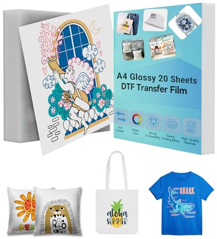 Creatorally Papier Transfert DTF A4, 20 Feuilles Brillant Double Face Film de Transfert Thermique Pet pour Sublimation Rojets d'impression DIY, Compatible avec Toutes Les Imprimantes à Jet d'encre
