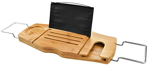 Bandeja de baño de bambú extensible para bañera con agarres antideslizantes, incluye soporte para copas de vino y soporte impermeable para tableta, tabla de bañera de lujo