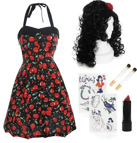 Damer 00-tal sångerdräkt – stor/X-Large – rockabilly-klänning, svart bikupa-peruk, röd läppstift, falska cigaretter och tatueringsset – vuxna noughties musik maskeraddräkt tillbehör set