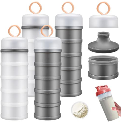 Kaxtde 4 Pcs Baby Milk Powder Dispenser Pots Bulk, Portable 5 Layers Formula Dispensers with Silicone Handle, Stackable Powder Containers with Funnels for Travel and Outdoor Activities (White, Grey)