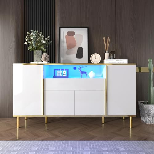 Merax LED Sideboard Hochglanz Weiß Wohnzimmer Schlafzimmer Anrichte mit LED Beleuchtung und Goldenen Beinen, Kommode mit 4 Türen und 1 Schublade, 150x40x80cm