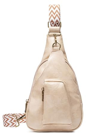 FANDARE Rétro Sac à Poitrine pour Femme Sacs Bandoulière Sling Crossbody de Poitrine Mode à Bretelle Adjustable, Sac à Épaule en PU Cuir à Multiples Poches pour Voyage, Shopping Blanc Beige