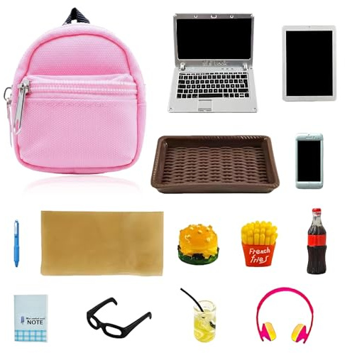 14Pcs Wichtel Zubehör,1:12 Puppenhaus Zubehör, Schultasche, Stift Notizbuch EsskorbTischdecke Kopfhörer Brille Modell Hamburger & Pommes Frites & Getränke Modell-Laptop & Tablet & Handy