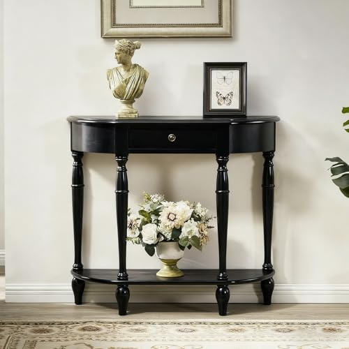 Diodceraic Tavolo da divano a mezzaluna con cassetto e ripiano di archiviazione, console in legno, tavoli di mobili decorativi tradizionali vintage per soggiorno, ingresso(Black,120x30x80cm)