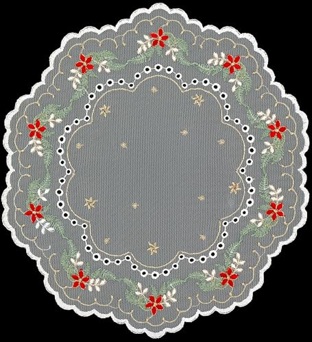 Tischdecke Weihnachten Deckchen Tüll Weiß Weihnachtsdeckchen Stickerei Rot Grün Gold Waschbar Made in Germany (30 cm Rund)
