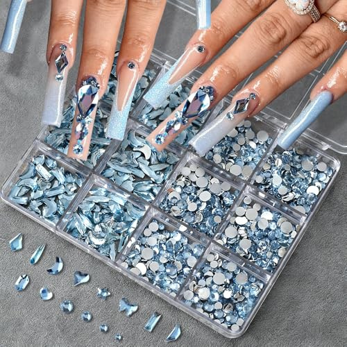 Set di 12 griglie blu chiaro con strass 3D sul retro piatto con brillantini, perline rotonde, strass per unghie, varie forme di cristalli blu, diamanti per nail art