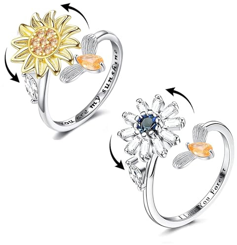 KRFY 2 Pezzi Anello Antistress Donna Argento Fidget Spinner Anello Regolabile Donna Girasole Fidget Anelli per Digitopressione Set di Anelli Antistress a Rotazione Aperta Regali Con Scatola