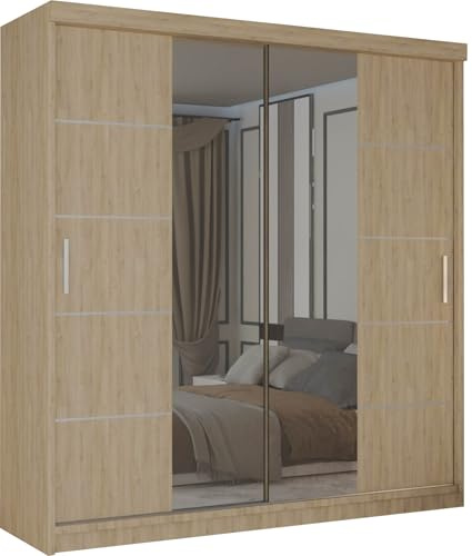 MN Furniture Modern Leads Sliding Door Wardrobe with Mirror & Customizable Interior | Bedroom Storage with Shelves & Rails | 120cm 150cm 180cm 203cm (Oak, 180cm)