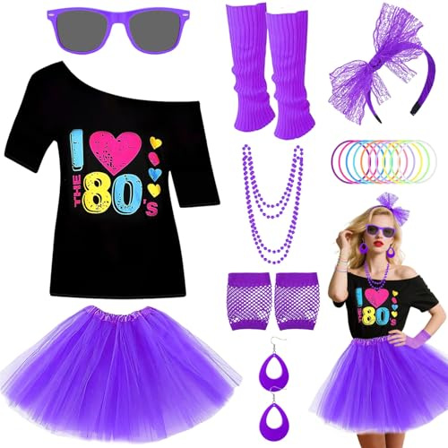 Ensemble d'accessoires de costume des années 80 pour femme avec t-shirt, jupe tutu, bandeau, boucles d'oreilles, collier, lunettes, bracelet, gants en résille et jambières pour fête rétro