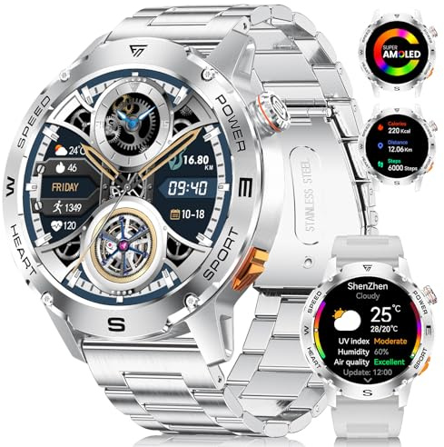 Smartwatch Herren mit Telefonfunktion,1.43 Amoled,SpO2/Schlafmonitor | IP68 Wasserdicht Fitnessuhr mit Herzfrequenz/120 Sportmodi/Schrittzähler, für Android iOS, 2 Armbänder, Silber