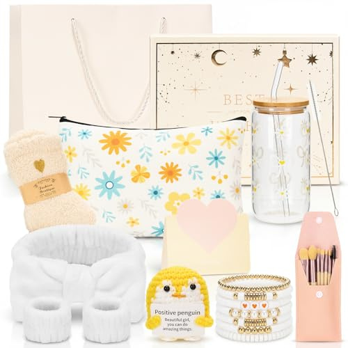 Regalos para niñas adolescentes de 9 10 11 12 13 14 15 16 años, set de regalo de Navidad y cumpleaños para mujeres – vaso con pajita y tapa, neceser de maquillaje, pulsera, calcetines, diadema (blanco