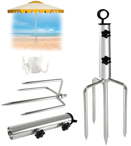 Silkwish Sonnenschirmständer mit Rasendorn - Verstellbarer Schirmständer aus Verzinktem mit mit 4 Heringen für Sonnenschirm - Tragbarer Strand Schirm Ständer für Garten, Strand & Angeln