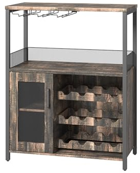 Aptliton Industrial Wine Rack Cabinet with Glass Holder, Rustic Bar Cabinet with Storage Door, Adjustable Shelves & Feet, Metal Frame Wine Storage Sideboard for Living Room Kitchen