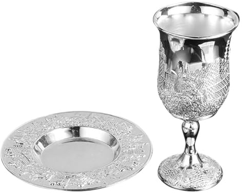 JEWEDECO Juego de 1 Copa de Vino Kiddush Bañada en Plata para Shabat y Pésaj, Copa de Havdalá Sagrada con Base Alta, Taza Plateada para Celebraciones Judías y Festividades Religiosas