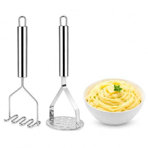 2PCS Potato Masher, Stainless Steel Heavy Duty Potato Masher | Mashers for Cooking, Kitchen Utensils for Avocado Potatoes Beans, Kitchen Gadgets for Vegetable Fruits & Jam Making