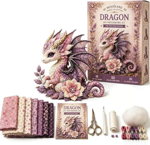 Dragon Sprite DIY Patchwork Nähset, Fantasy Dragon Plüsch Bastelset mit vorgeschnittenem Stoff & Zubehör, DIY Patchwork Tier Kit für Anfänger, Geschenk für Geburtstage, Feiertage (#B)