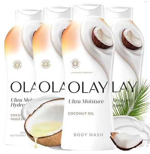 Olay Body Wash for Women, Ultra Moisture, 24hr Moisturizing, Hydrating & Refreshing, B3 Vitamin Complex, Free of Parabens & Phthalates, For All Skin Types, Coconut Oil Scent, 22 fl oz (Pack of 4)
