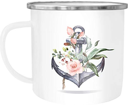 Autiga® Emaille Tasse Becher Kaffee-Tasse Anker Blumen Watercolor Tee-Tasse Weiss-metall unisize