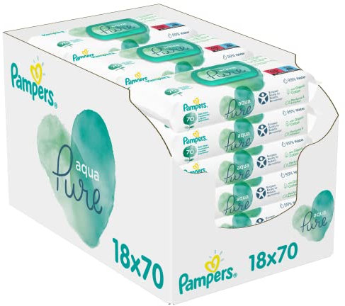 Pampers Baby Wipes Multipack, Aqua Pure, 1260 Wet Wipes (18 x 70), Baby Essentials For Newborn, Made With Organic Cotton For A Soft Touch