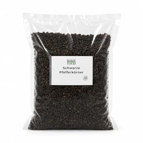 SoleilFOOD Schwarzer Pfeffer ganz 1 kg - Pfefferkörner Piper Nigrum | ganze schwarze Pfefferkörner, kräftig-würziges Aroma, gentechnikfrei - ideal für die Pfeffermühle